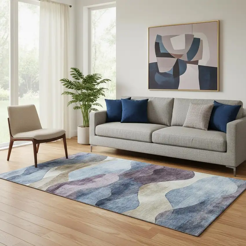 Denim Blue Beige And Eggplant Abstract Washable Area Rug With UV Protection Photo 2