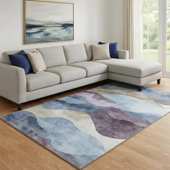 Denim Blue Beige And Eggplant Abstract Washable Area Rug With UV Protection Photo 2
