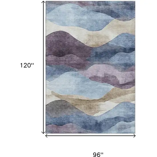 Denim Blue Beige And Eggplant Abstract Washable Area Rug With UV Protection Photo 9
