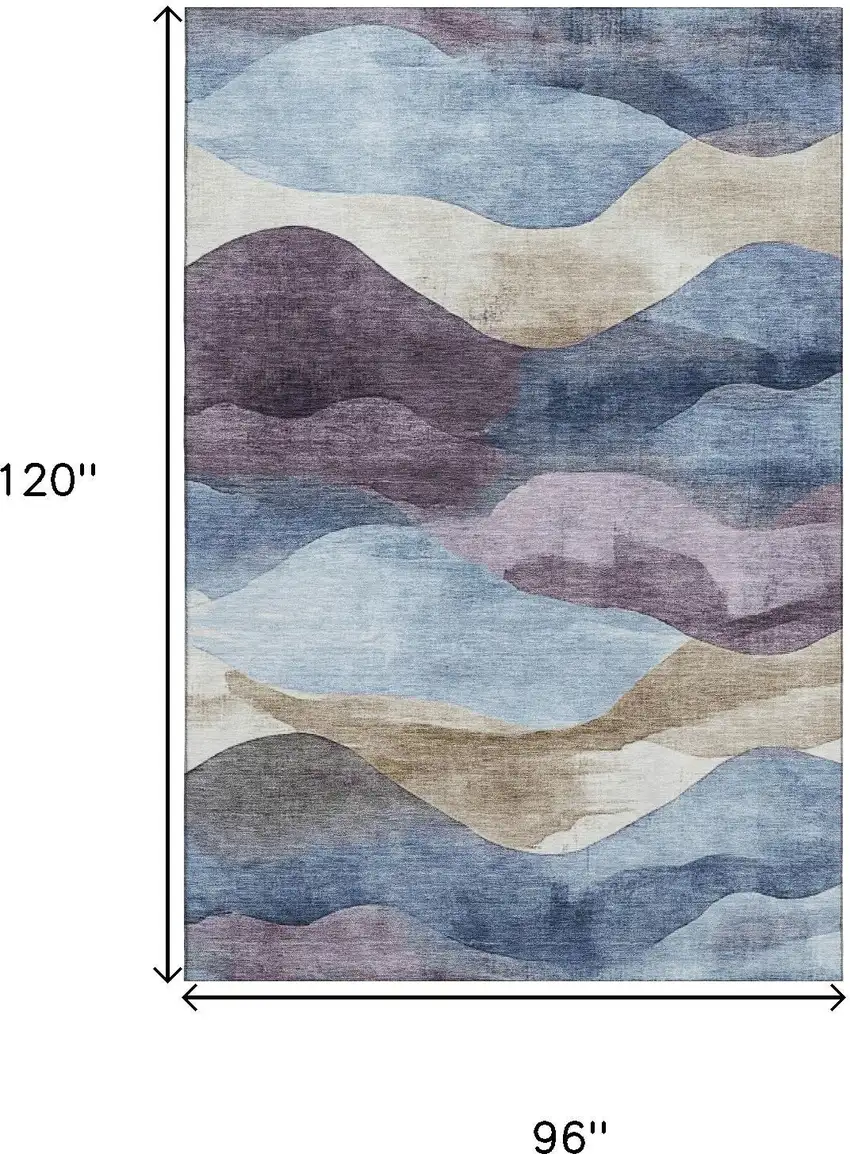 Denim Blue Beige And Eggplant Abstract Washable Area Rug With UV Protection Photo 9