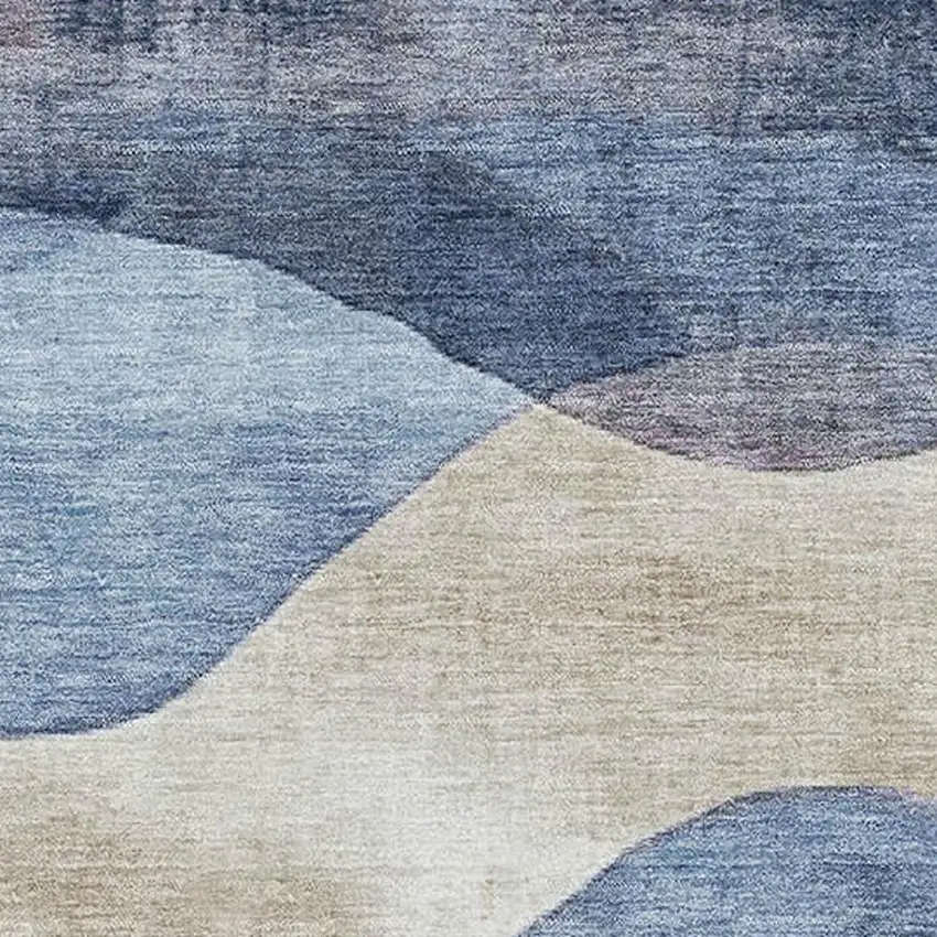 Denim Blue Beige And Eggplant Abstract Washable Area Rug With UV Protection Photo 3