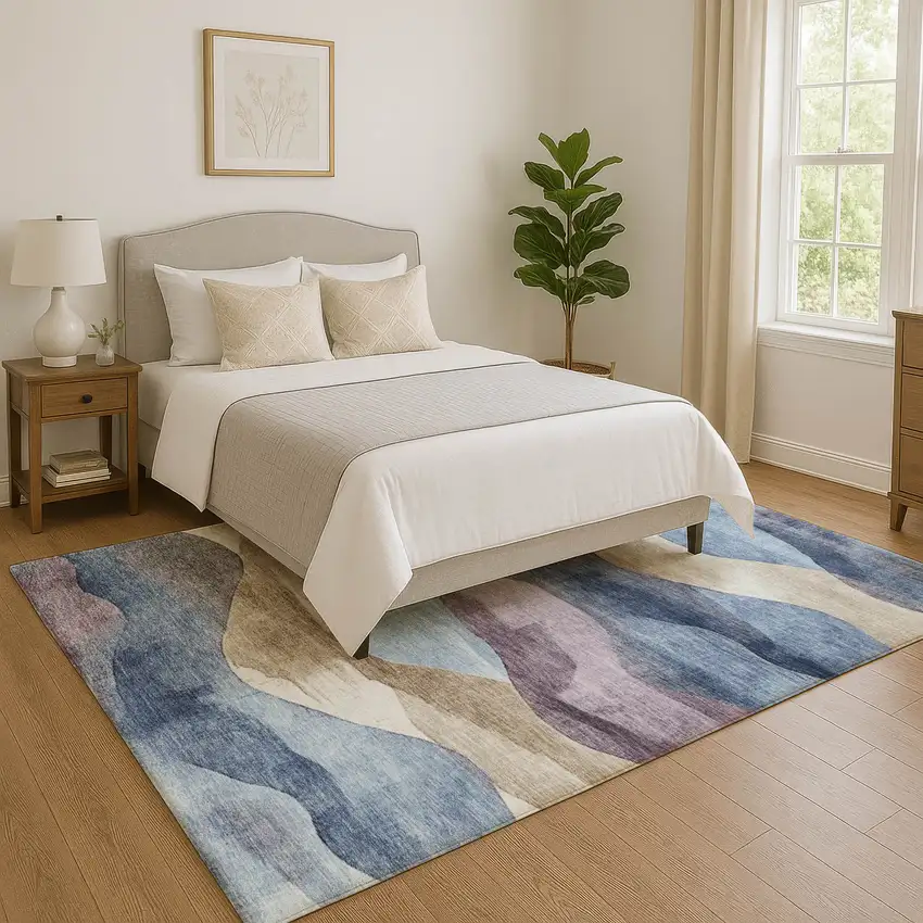 Denim Blue Beige And Eggplant Abstract Washable Area Rug With UV Protection Photo 5