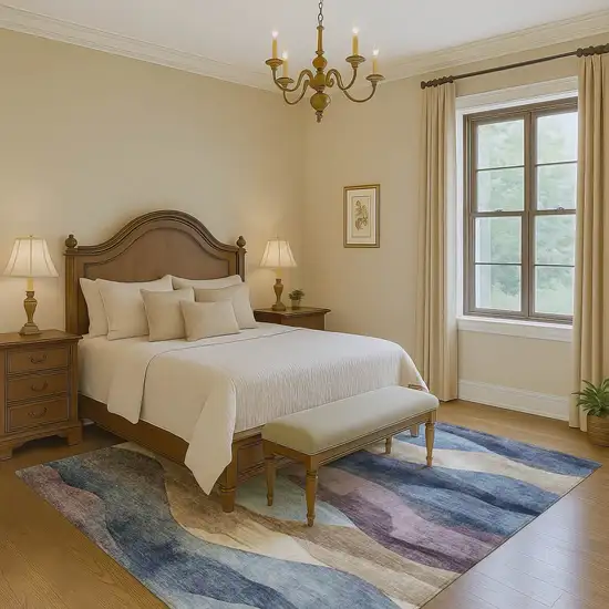 Denim Blue Beige And Eggplant Abstract Washable Area Rug With UV Protection Photo 6