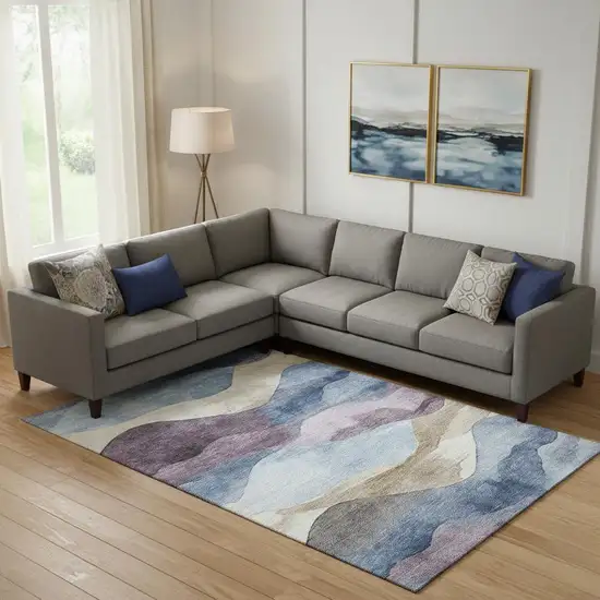 Denim Blue Beige And Eggplant Abstract Washable Area Rug With UV Protection Photo 2