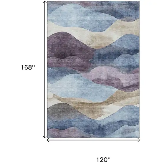 Denim Blue Beige And Eggplant Abstract Washable Area Rug With UV Protection Photo 8