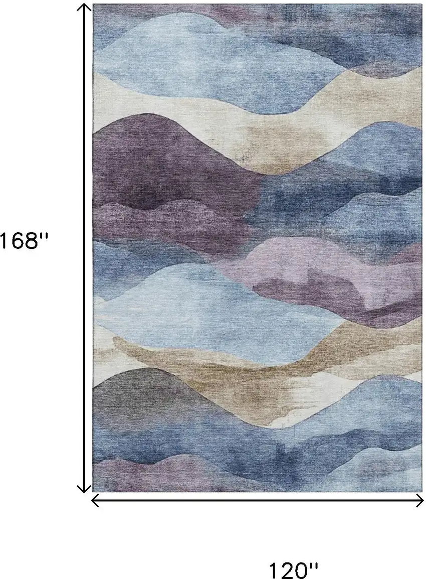 Denim Blue Beige And Eggplant Abstract Washable Area Rug With UV Protection Photo 8