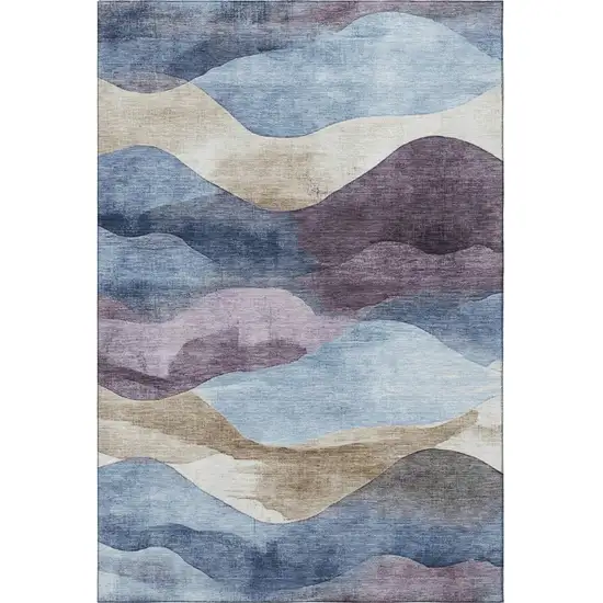 Denim Blue Beige And Eggplant Abstract Washable Area Rug With UV Protection Photo 3