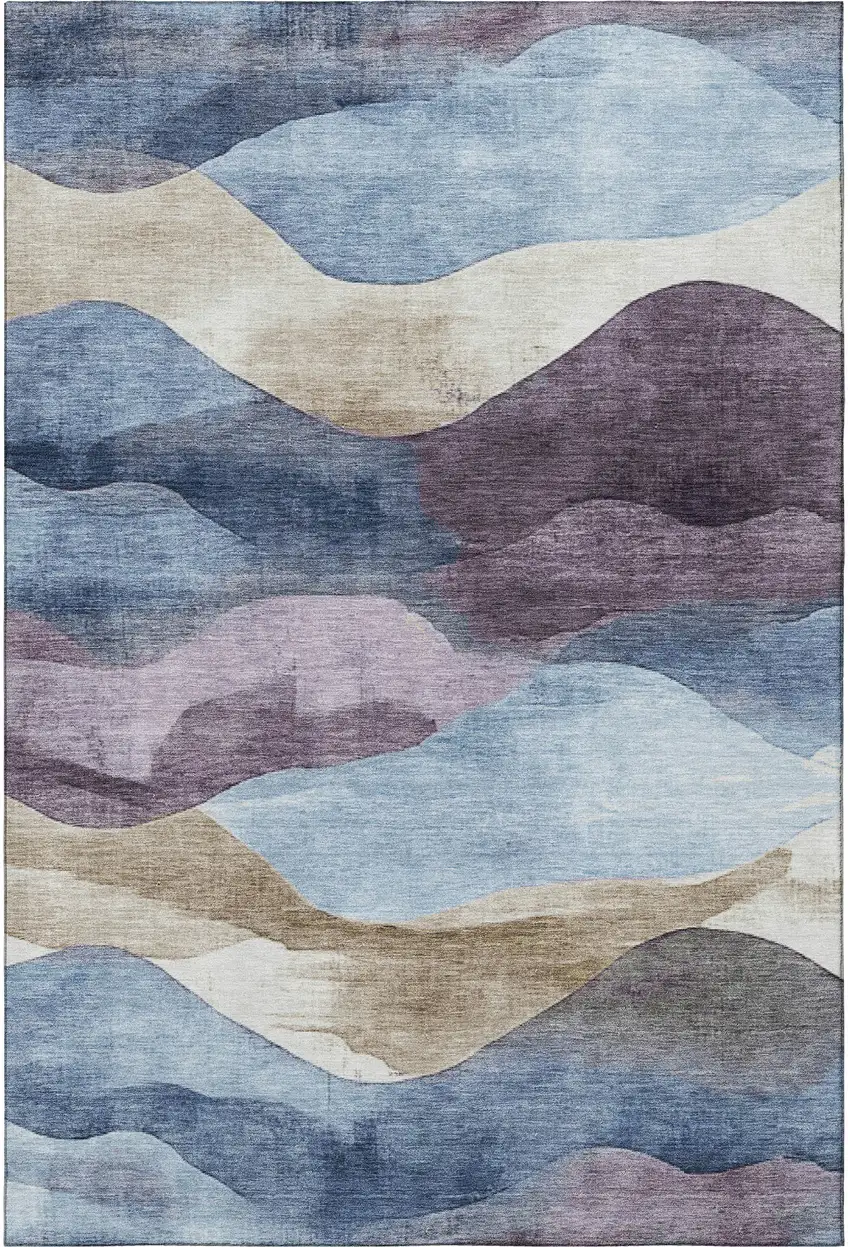 Denim Blue Beige And Eggplant Abstract Washable Area Rug With UV Protection Photo 3