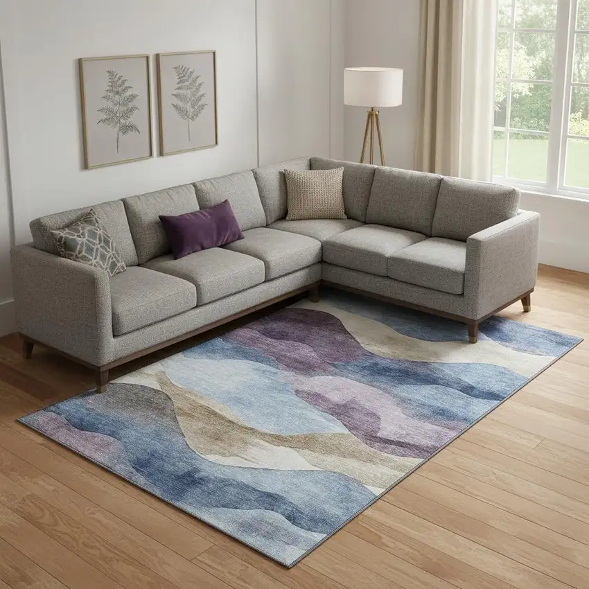 Denim Blue Beige And Eggplant Abstract Washable Area Rug With UV Protection Photo 2