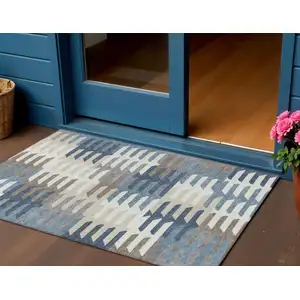 Photo of Denim Blue Beige And Ivory Geometric Washable Indoor Outdoor Area Rug