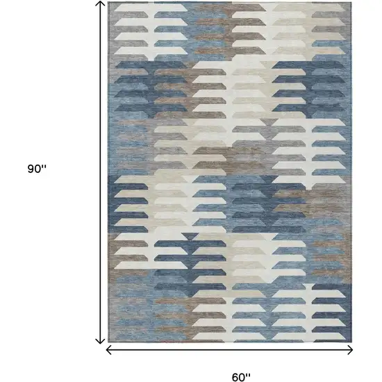 Denim Blue Beige And Ivory Geometric Washable Indoor Outdoor Area Rug Photo 3