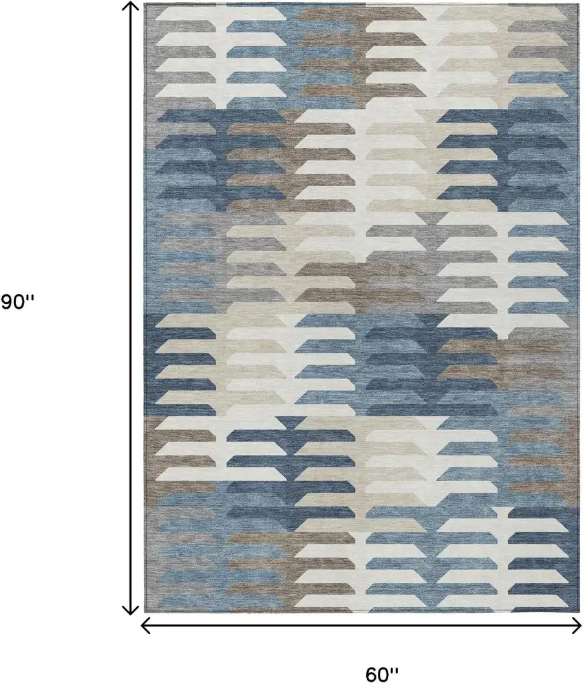 Denim Blue Beige And Ivory Geometric Washable Indoor Outdoor Area Rug Photo 3