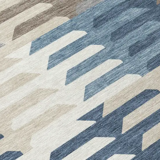 Denim Blue Beige And Ivory Geometric Washable Indoor Outdoor Area Rug Photo 8