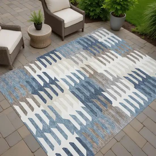 Denim Blue Beige And Ivory Geometric Washable Indoor Outdoor Area Rug Photo 8