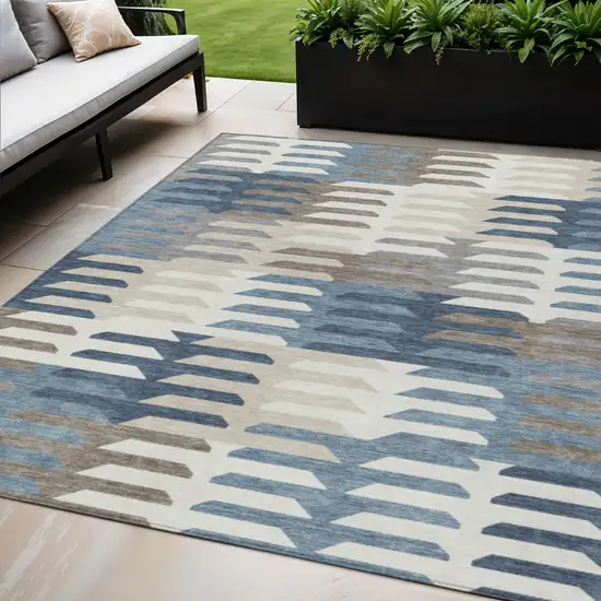 Denim Blue Beige And Ivory Geometric Washable Indoor Outdoor Area Rug Photo 1