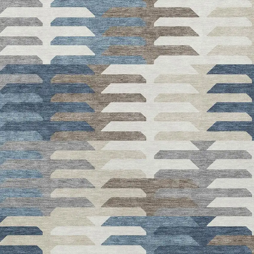 Denim Blue Beige And Ivory Geometric Washable Indoor Outdoor Area Rug Photo 7