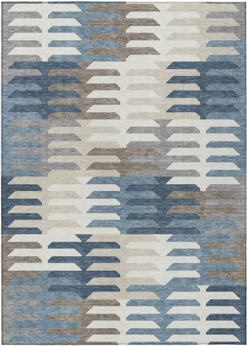 Denim Blue Beige And Ivory Geometric Washable Indoor Outdoor Area Rug Photo 2