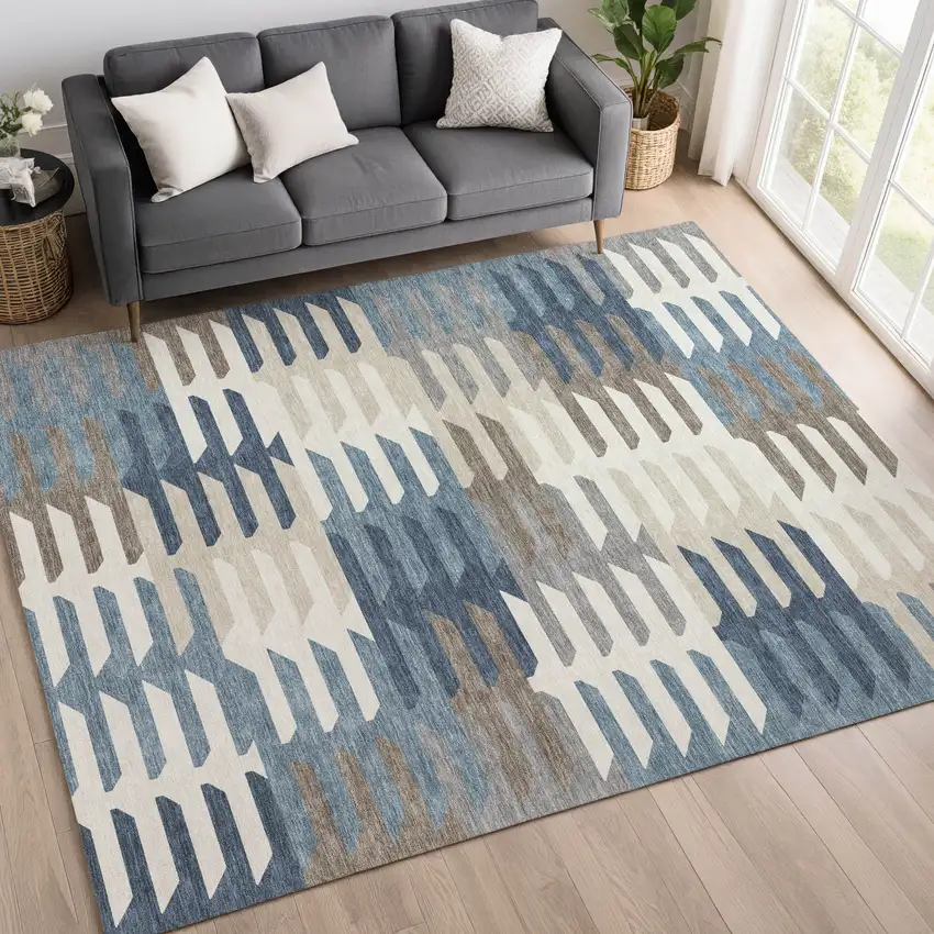 Denim Blue Beige And Ivory Geometric Washable Indoor Outdoor Area Rug Photo 9