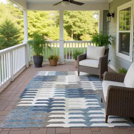 Denim Blue Beige And Ivory Geometric Washable Indoor Outdoor Area Rug Photo 9