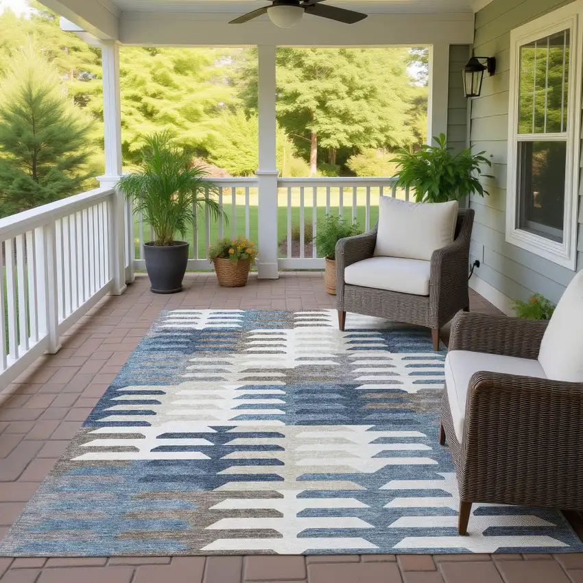 Denim Blue Beige And Ivory Geometric Washable Indoor Outdoor Area Rug Photo 9
