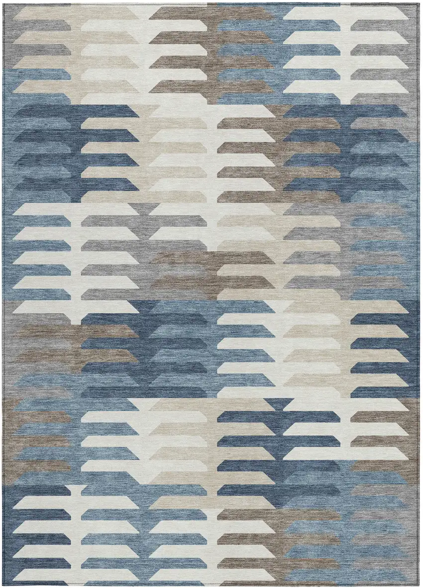 Denim Blue Beige And Ivory Geometric Washable Indoor Outdoor Area Rug Photo 4