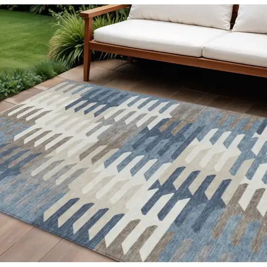 Denim Blue Beige And Ivory Geometric Washable Indoor Outdoor Area Rug Photo 1
