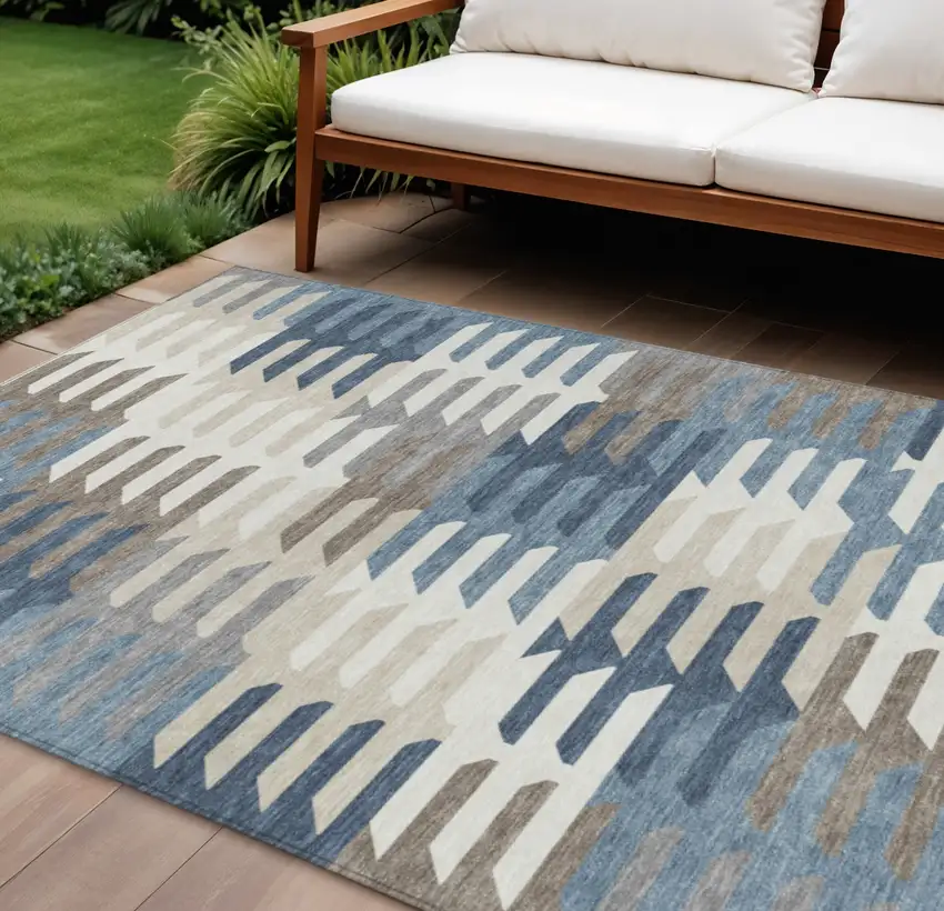 Denim Blue Beige And Ivory Geometric Washable Indoor Outdoor Area Rug Photo 1