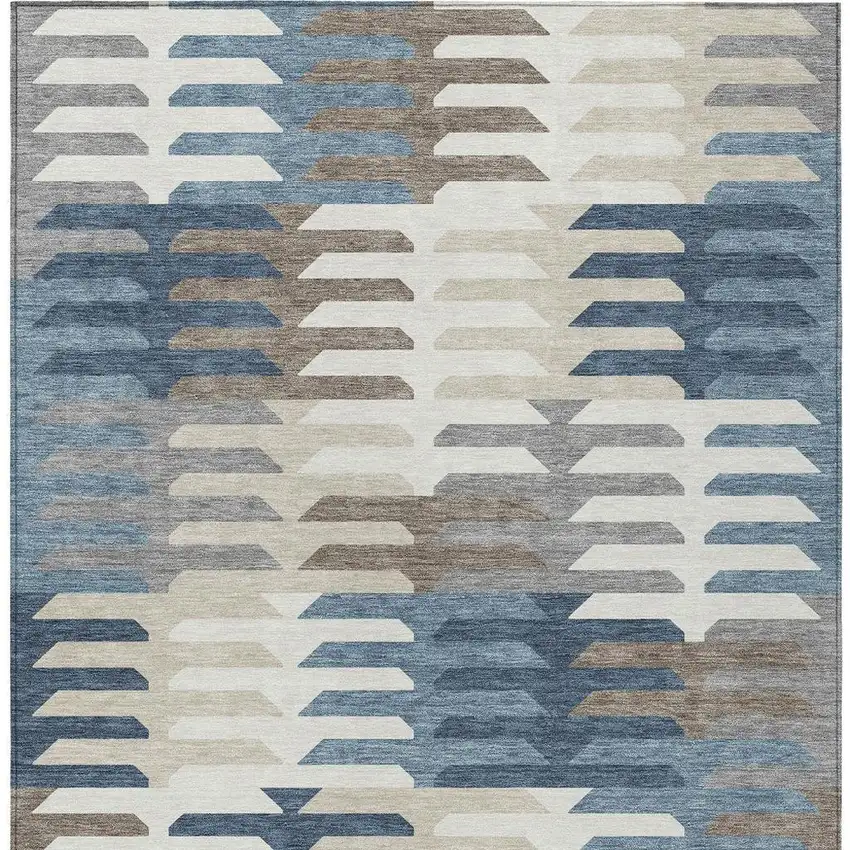 Denim Blue Beige And Ivory Geometric Washable Indoor Outdoor Area Rug Photo 4