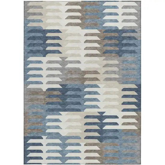 Denim Blue Beige And Ivory Geometric Washable Indoor Outdoor Area Rug Photo 5