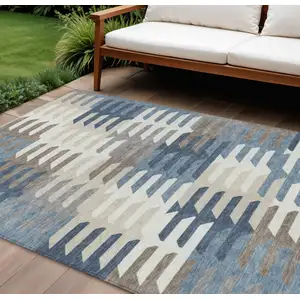 Photo of Denim Blue Beige And Ivory Geometric Washable Indoor Outdoor Area Rug