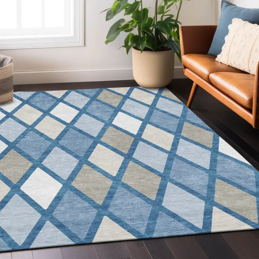 Denim Blue Beige And Ivory Geometric Washable Indoor Outdoor Area Rug Photo 9