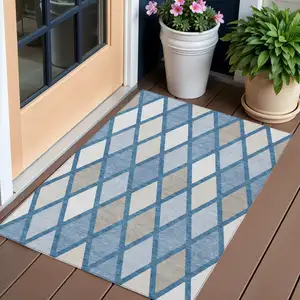 Photo of Denim Blue Beige And Ivory Geometric Washable Indoor Outdoor Area Rug