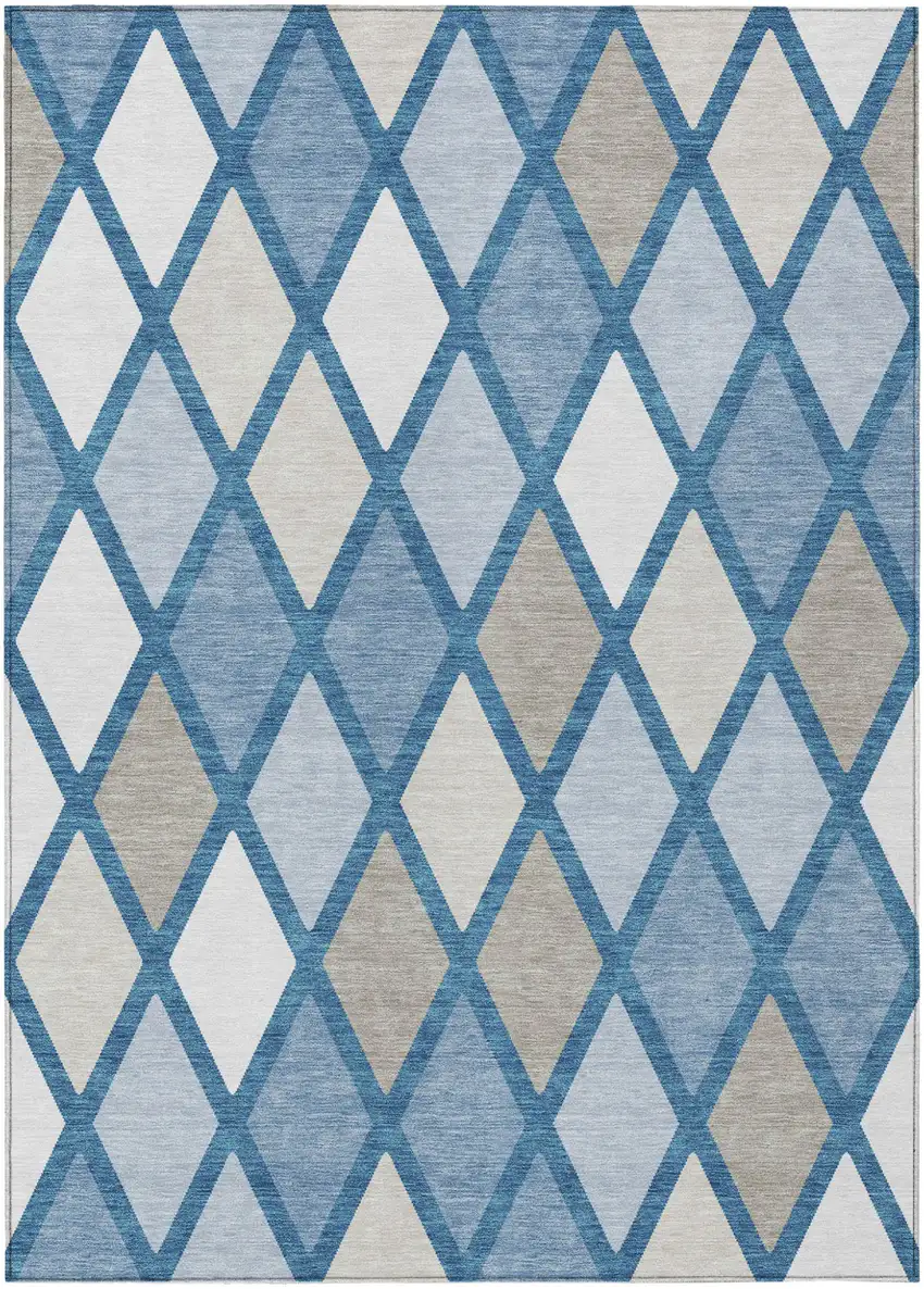 Denim Blue Beige And Ivory Geometric Washable Indoor Outdoor Area Rug Photo 2