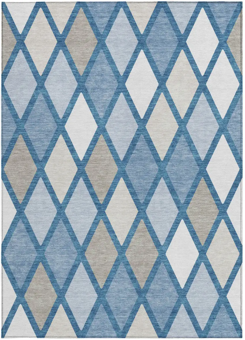 Denim Blue Beige And Ivory Geometric Washable Indoor Outdoor Area Rug Photo 7