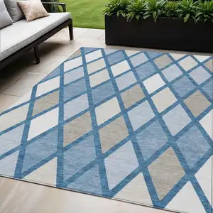 Photo of Denim Blue Beige And Ivory Geometric Washable Indoor Outdoor Area Rug