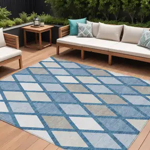 Photo of Denim Blue Beige And Ivory Geometric Washable Indoor Outdoor Area Rug