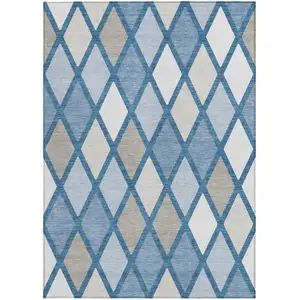 Photo of Denim Blue Beige And Ivory Geometric Washable Indoor Outdoor Area Rug