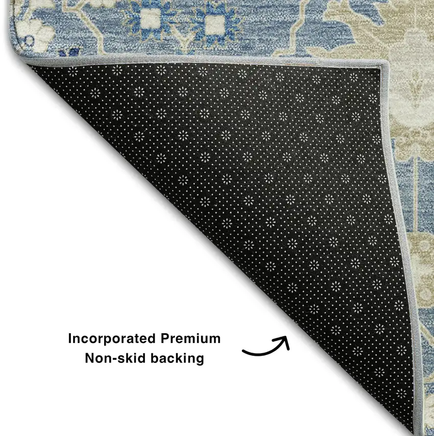 Denim Blue Beige And Ivory Oriental Washable Area Rug With UV Protection Photo 6