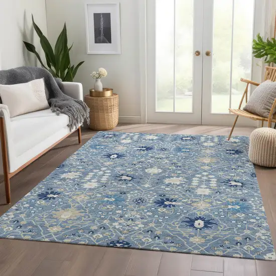 Denim Blue Beige And Ivory Oriental Washable Area Rug With UV Protection Photo 5