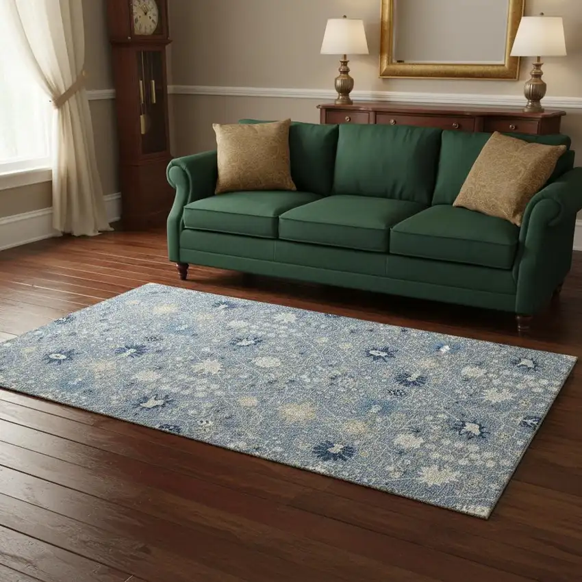 Denim Blue Beige And Ivory Oriental Washable Area Rug With UV Protection Photo 2