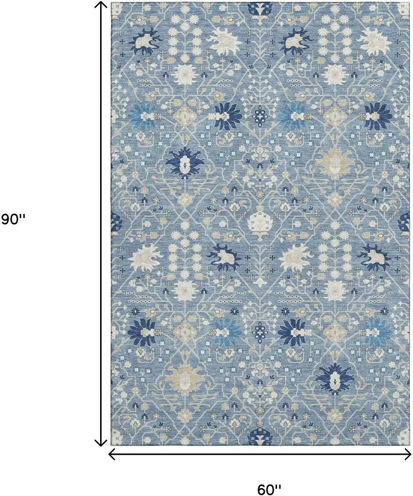 Denim Blue Beige And Ivory Oriental Washable Area Rug With UV Protection Photo 8