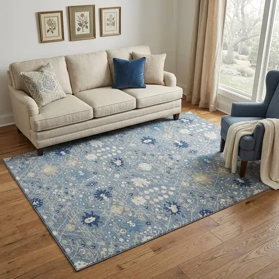 Denim Blue Beige And Ivory Oriental Washable Area Rug With UV Protection Photo 1