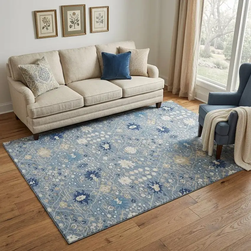 Denim Blue Beige And Ivory Oriental Washable Area Rug With UV Protection Photo 1