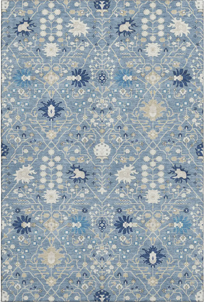 Denim Blue Beige And Ivory Oriental Washable Area Rug With UV Protection Photo 1