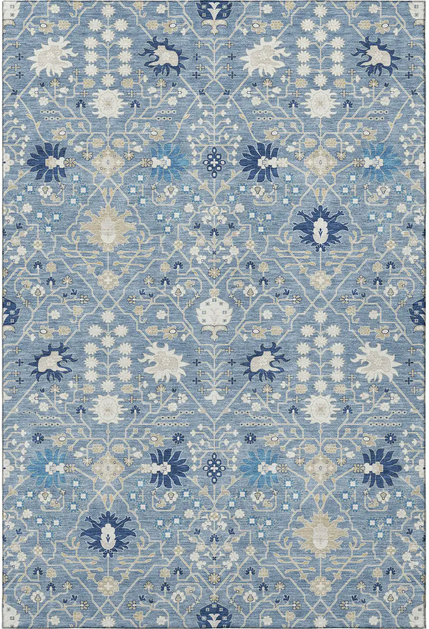 Denim Blue Beige And Ivory Oriental Washable Area Rug With UV Protection Photo 3