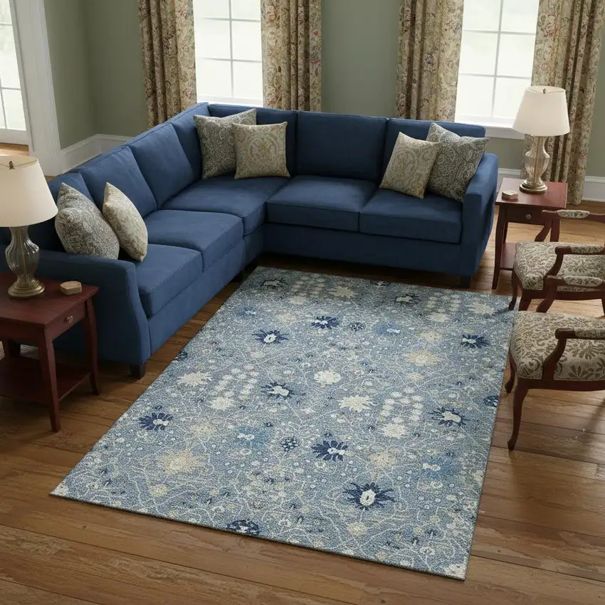 Denim Blue Beige And Ivory Oriental Washable Area Rug With UV Protection Photo 2