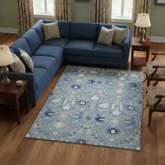 Denim Blue Beige And Ivory Oriental Washable Area Rug With UV Protection Photo 2
