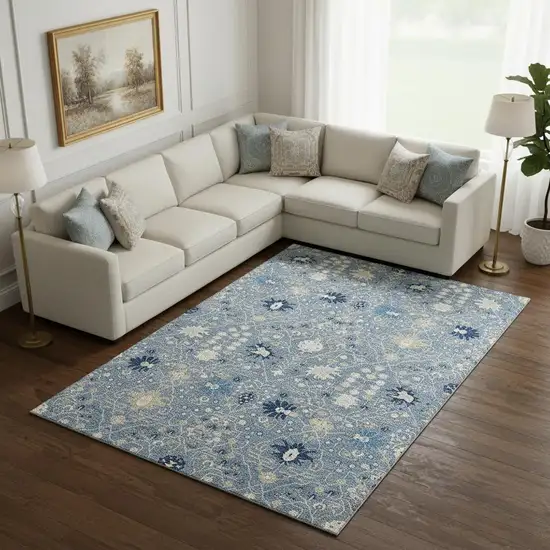 Denim Blue Beige And Ivory Oriental Washable Area Rug With UV Protection Photo 2
