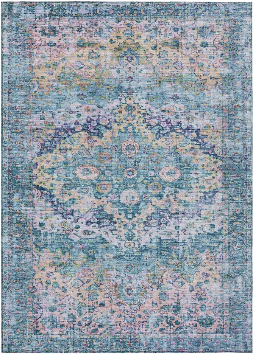 Denim Blue Beige And Pink Floral Washable Indoor Outdoor Area Rug Photo 1