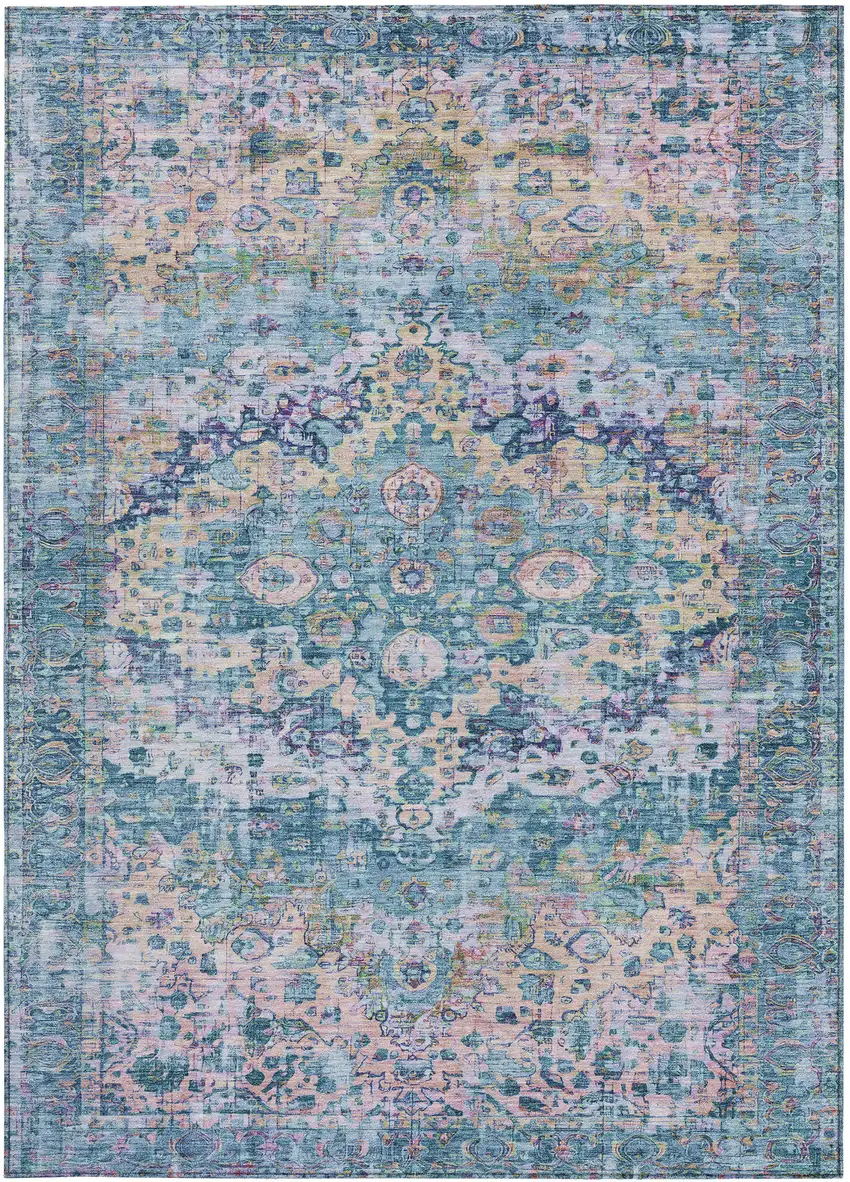 Denim Blue Beige And Pink Floral Washable Indoor Outdoor Area Rug Photo 4